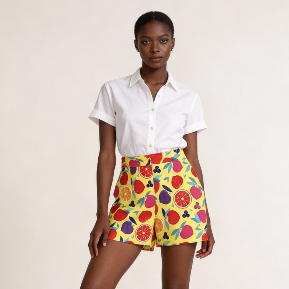 DREAMLAND | Yellow Fruit Printed High Rise Trouser Shorts Sz M